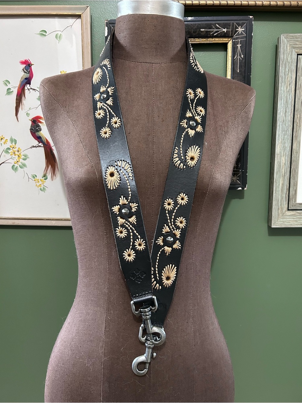 Black Leather Floral Embroidered Camera/Bag Strap Guitar Patricia Nash